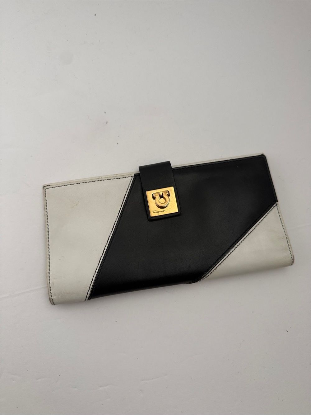 Salvatore Ferragamo Black & White Leather Clutch Wallet